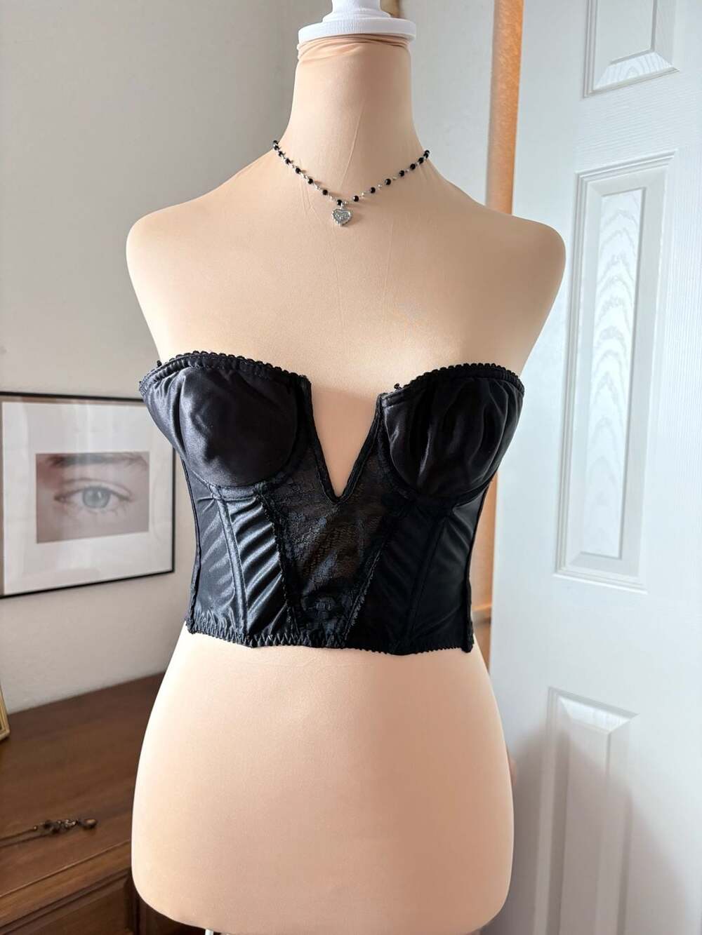 Vintage Black Satin Plunge Bustier Corset Top